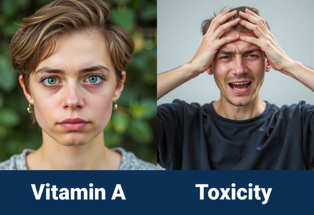 Ilustracja przedstawiająca osobę z suchymi oczami i pękającą skórą symbolizującą niedobór witaminy A oraz osobę z bólem głowy i nudnościami symbolizującą nadmiar witaminy A
