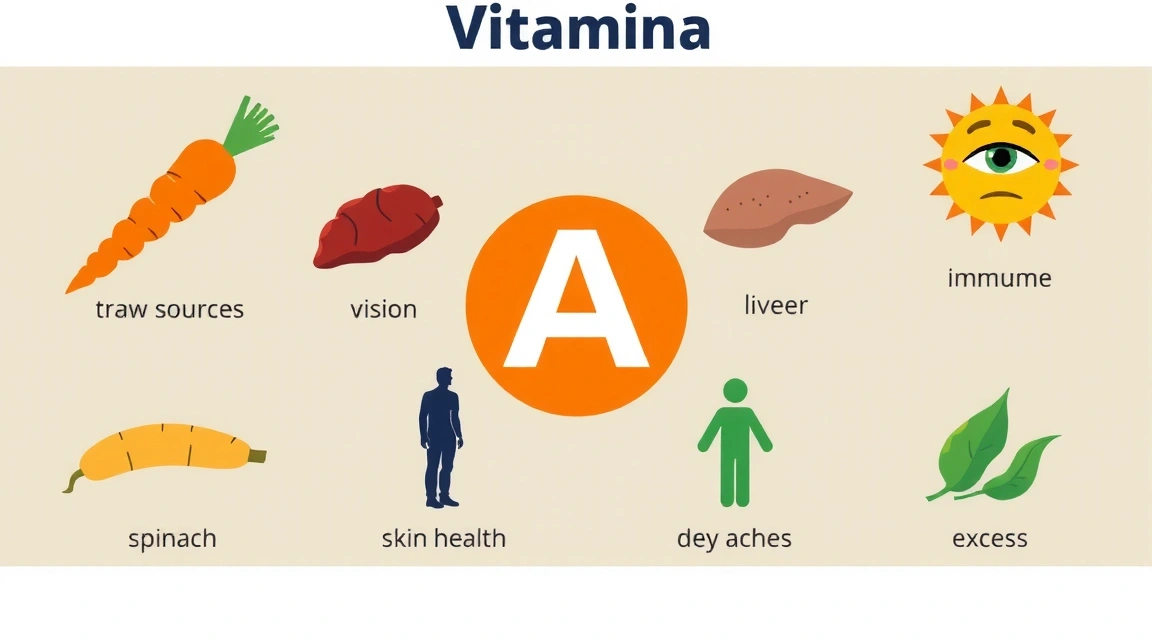 Infografika przedstawiająca najważniejsze źródła witaminy A, jej główne funkcje w organizmie (wzrok, skóra, odporność) oraz krótkie informacje o niedoborze i nadmiarze.