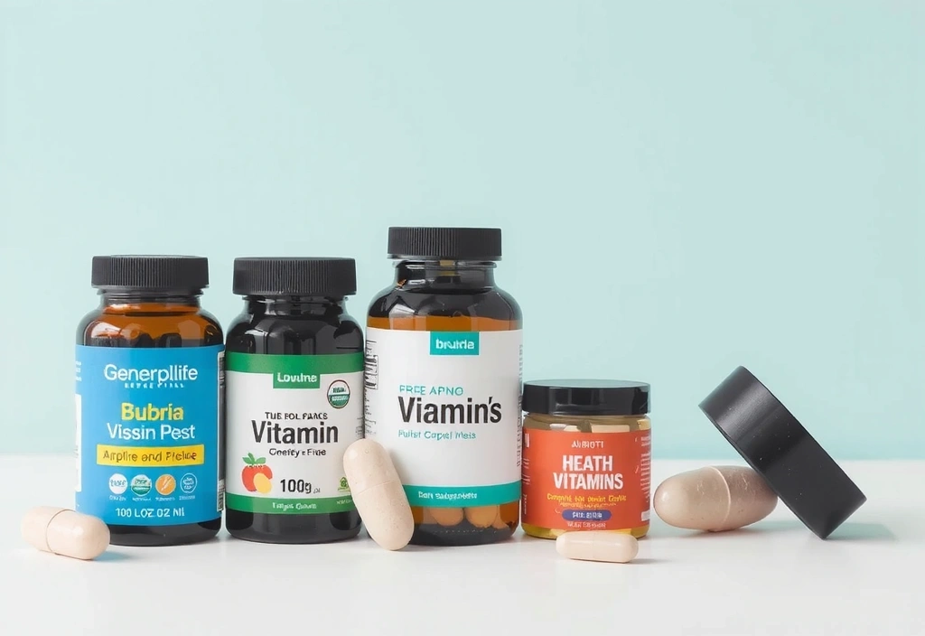 Zestaw witaminowych suplementów w różnych opakowaniach, symbolizujący wsparcie zdrowia.